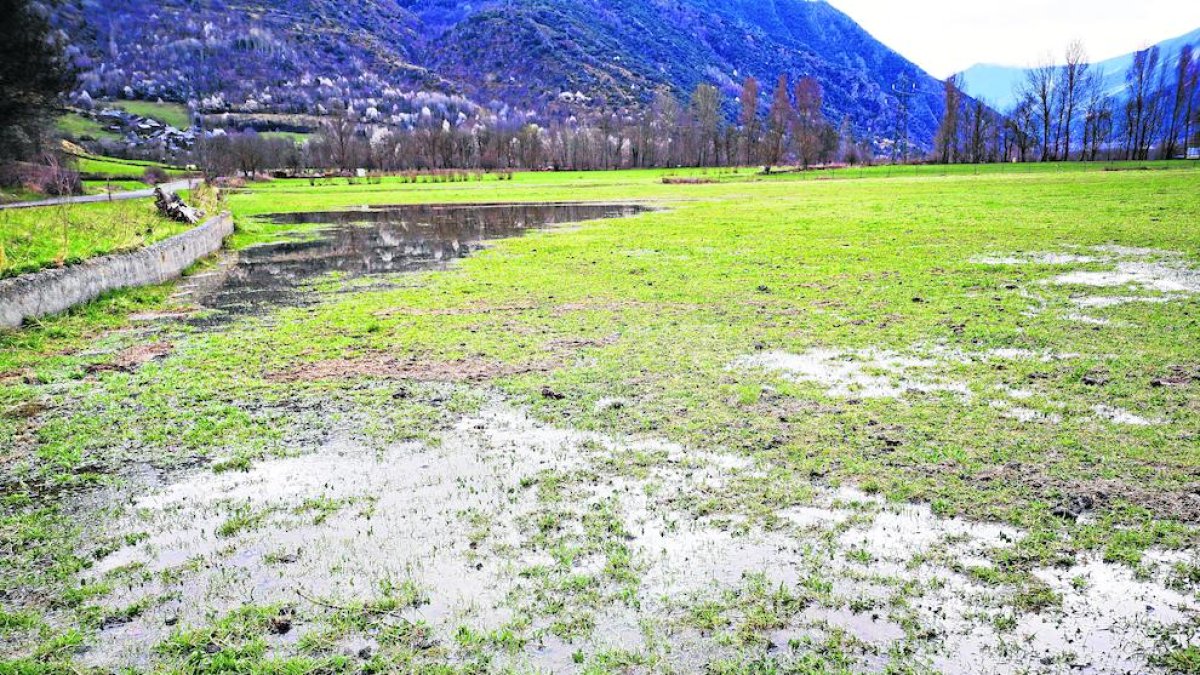 Una zona dels prats d’Escalarre entollada per aigua de reg dimarts.