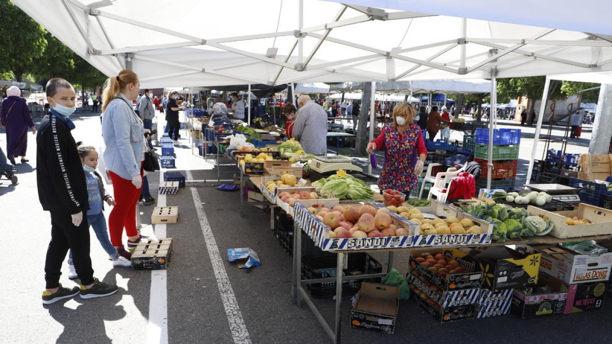 Clients fent cua davant d’un punt de venda del mercat del Barris Nord i, a la dreta, una línia de caixes de fusta per delimitar la separació de seguretat.