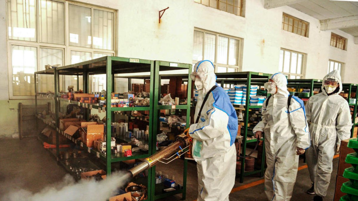 Voluntarios desinfectan un área administrativa ante el brote del coronavirus en Shandong, China.