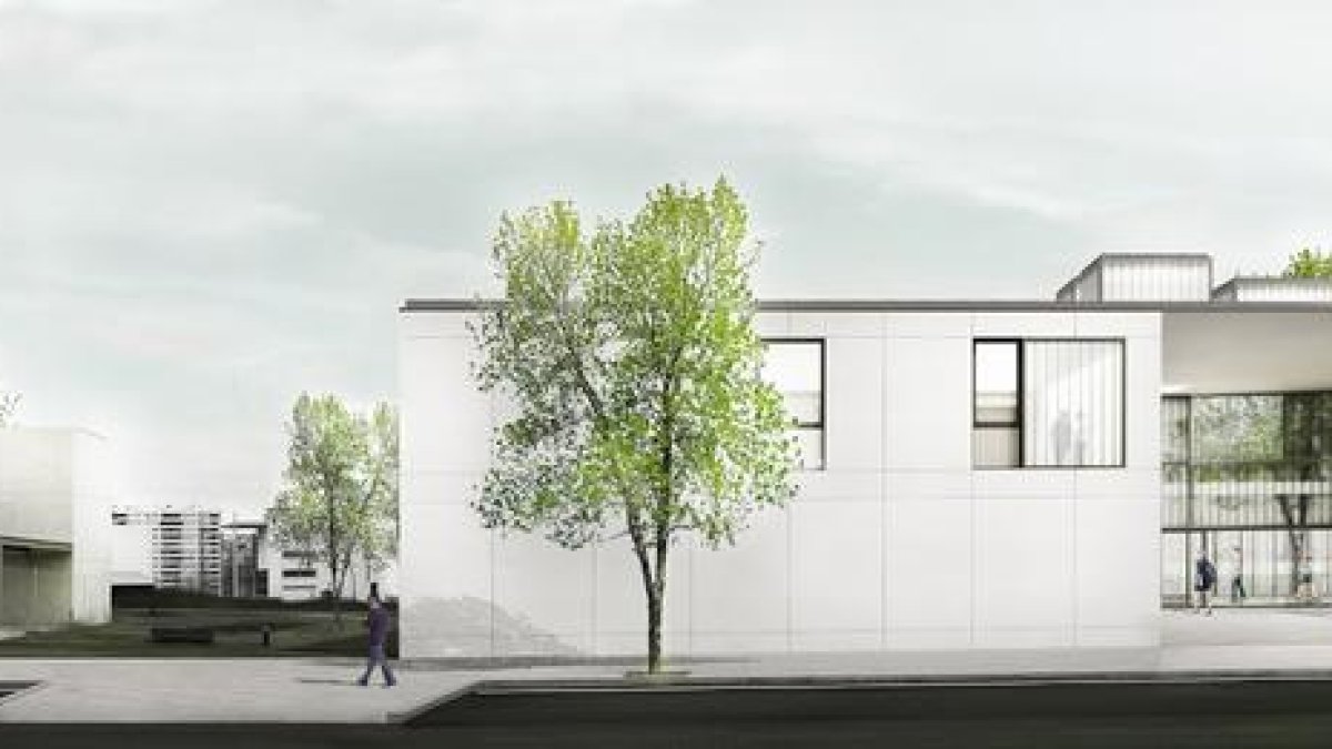 A la derecha, recreación virtual del nuevo edificio de aulas.