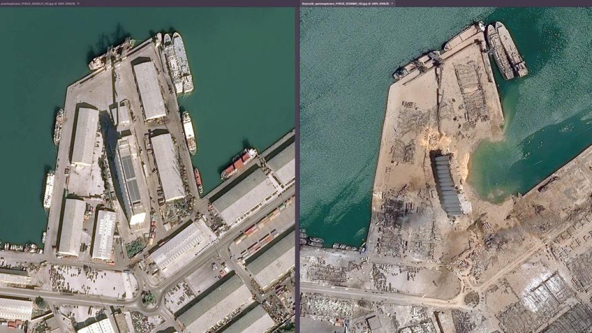 Combo de fotografías que muestran una vista aérea de la ciudad de Beirut, antes (i) y después (d) de la fuerte explosión ocurrida ayer martes.