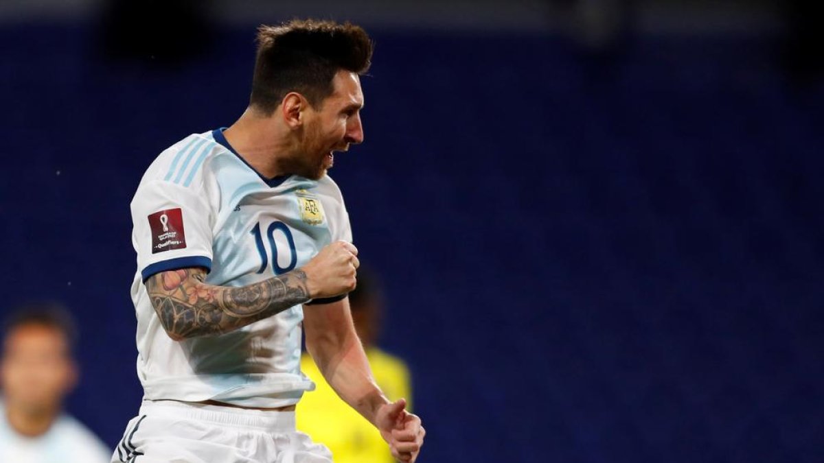 Messi celebra el gol con el que Argentina ganó a Ecuador.