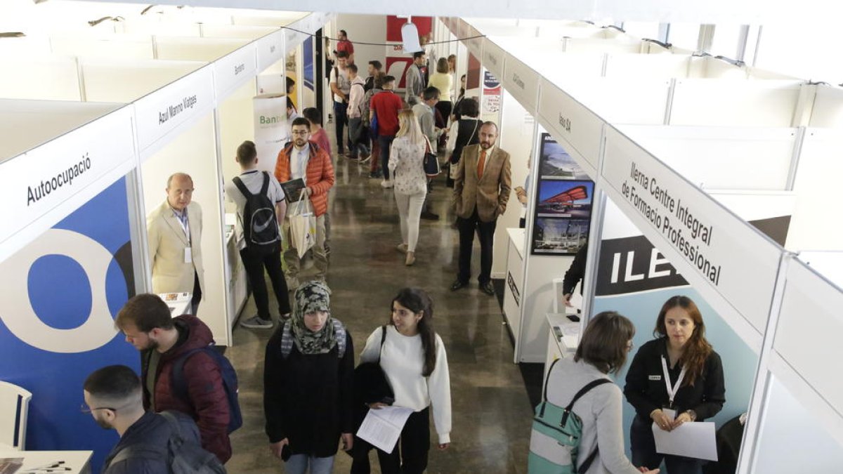 Estudiants i graduats passegen i pregunten a les empreses i entitats a la fira.