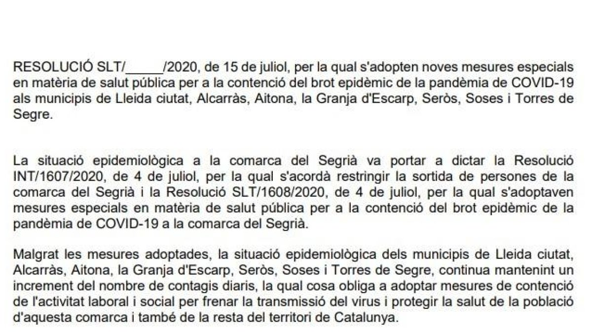 DOCUMENT | La resolució del Govern pel confinament de set municipis del Segrià