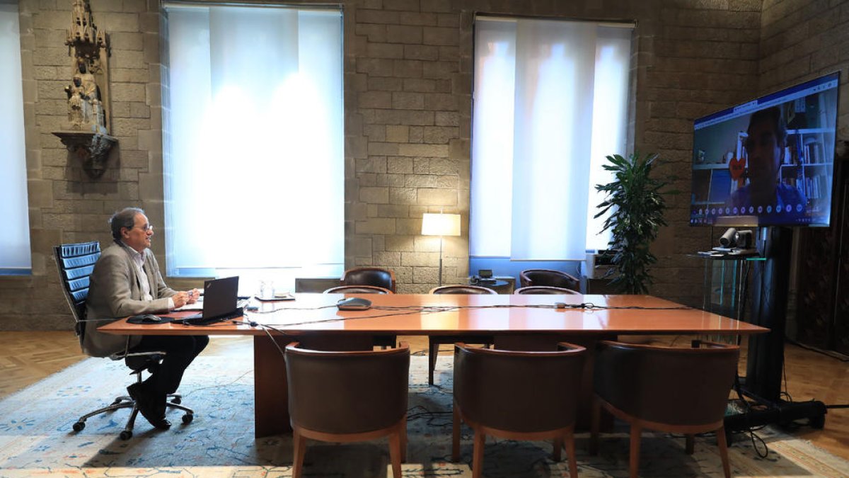 El president Torra, ahir en un moment de la reunió telemàtica amb el sector agroalimentari.