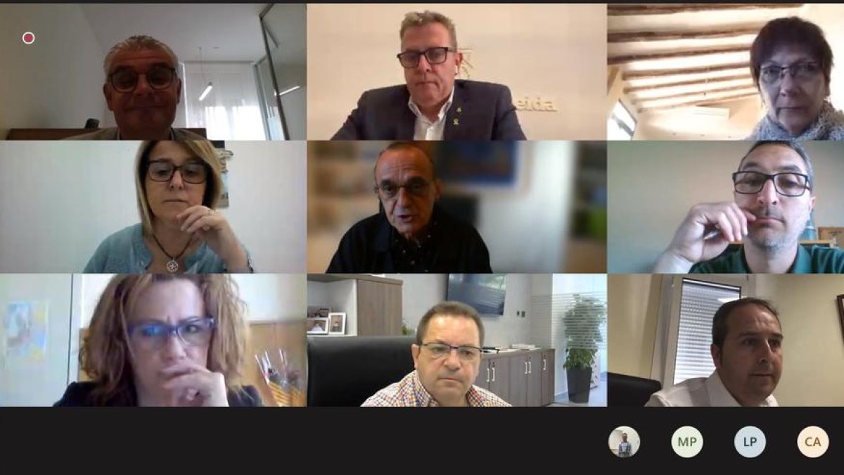 Captura de pantalla d'un moment de la reunió telemàtica entre la Diputació de Lleida i alcaldes de municipis on es desenvolupa la campanya de la fruita.