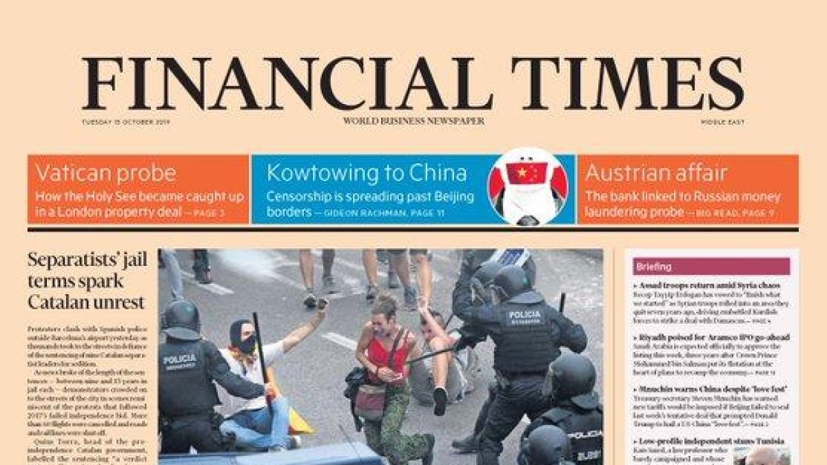 Portada de la edición internacional del Financial Times del martes.