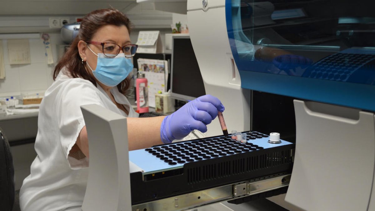 Una sanitaria coloca una muestra PCR en una máquina para saber si es positiva, ayer, en Palamós.