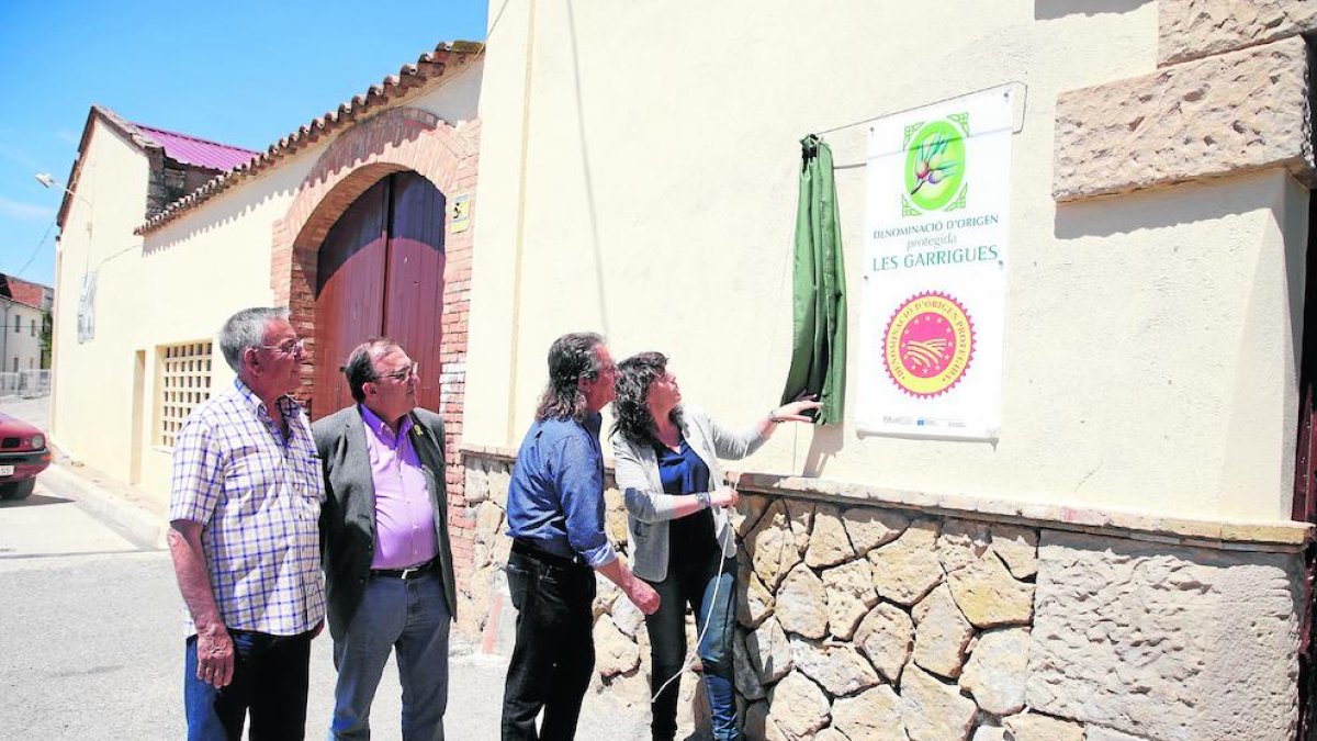 Moment en què Jordà i Dalmau descobreixen la nova imatge de la DO Garrigues a l’Albi, ahir.