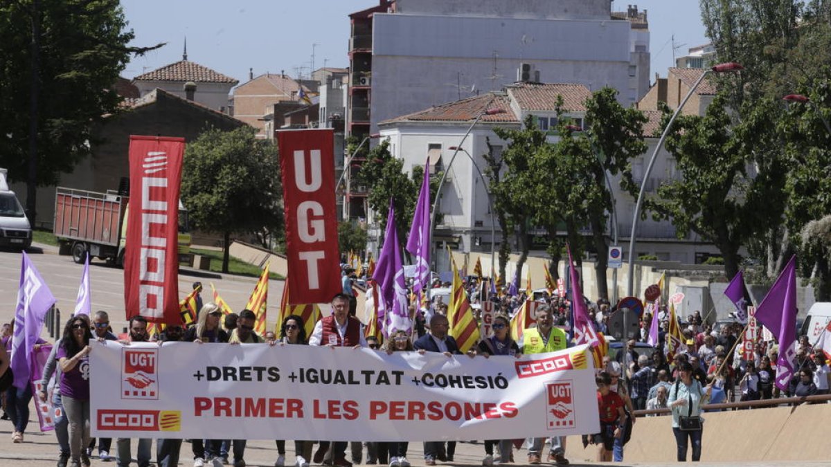 Manifestación del primero de mayo en Lleida, en la que los sindicatos exigieron mejoras laborales.