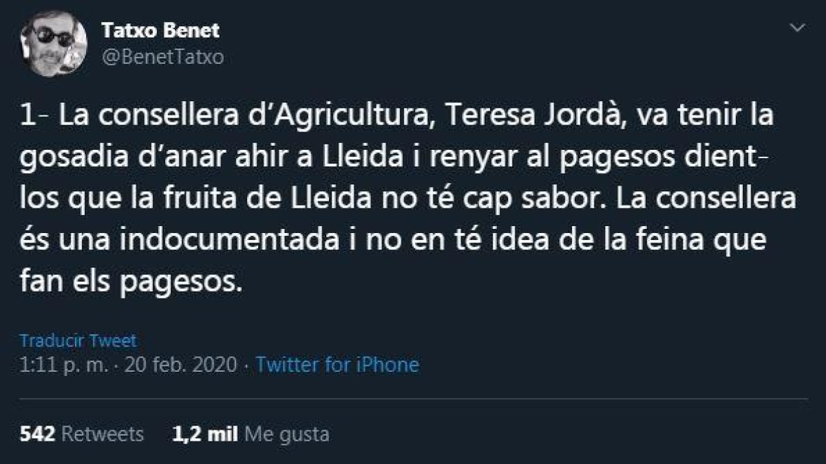 Imatge de la primera piulada de Tatxo Benet a Twitter