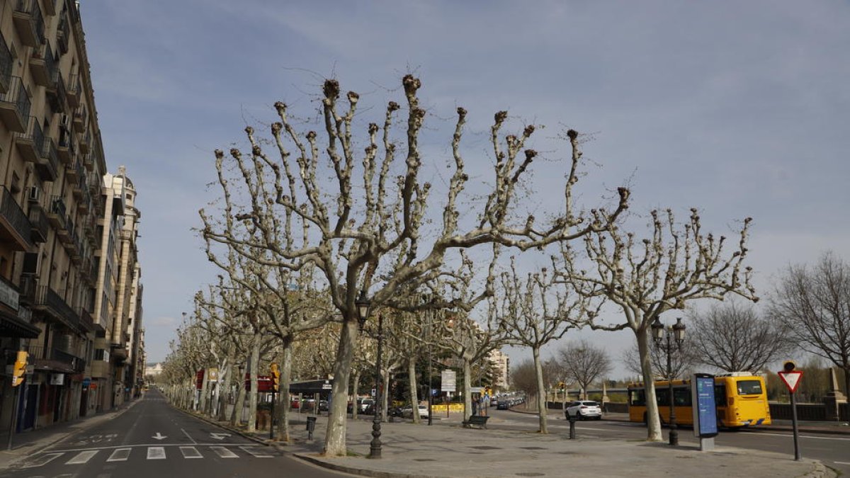 La rambla Ferran de Lleida, sense cotxes, sense vianants i amb els establiments tancats per l’alarma pel coronavirus.