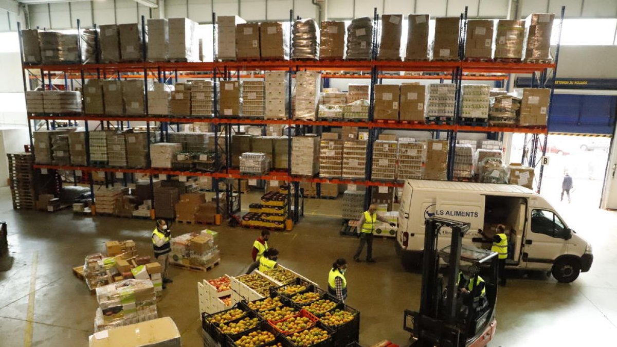 El almacén del Banc dels Aliments de Lleida, a pleno rendimiento, para hacer acogio de provisiones para los próximos meses.