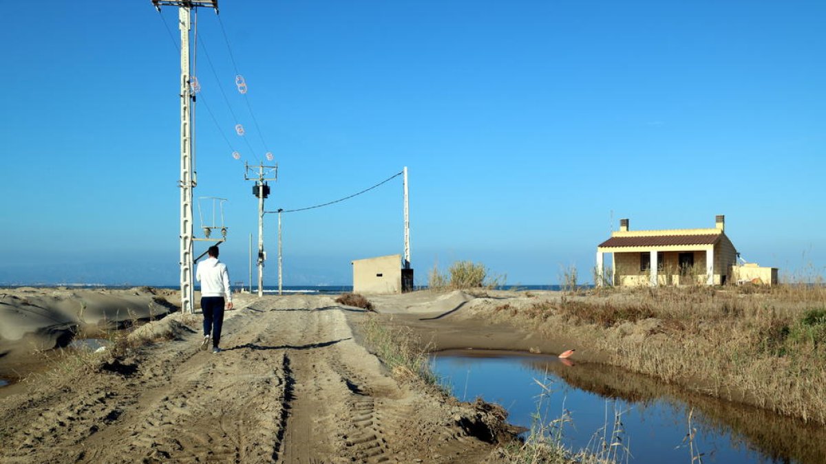 Un agricultor pasea por uno de sus campos de arroz que quedó anegado por el temporal.
