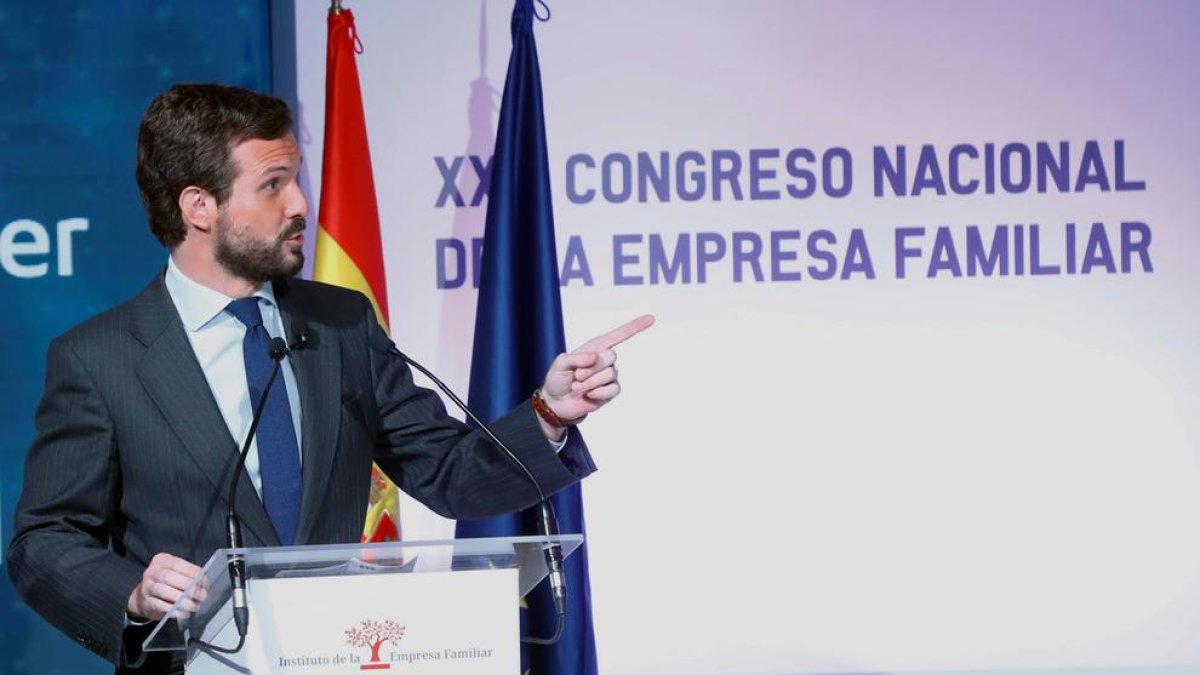 El presidente del PP; Pablo Casado, durante el 23 Congreso Nacional de la Empresa Familiar celebrado este lunes en Casa América, en Madrid.