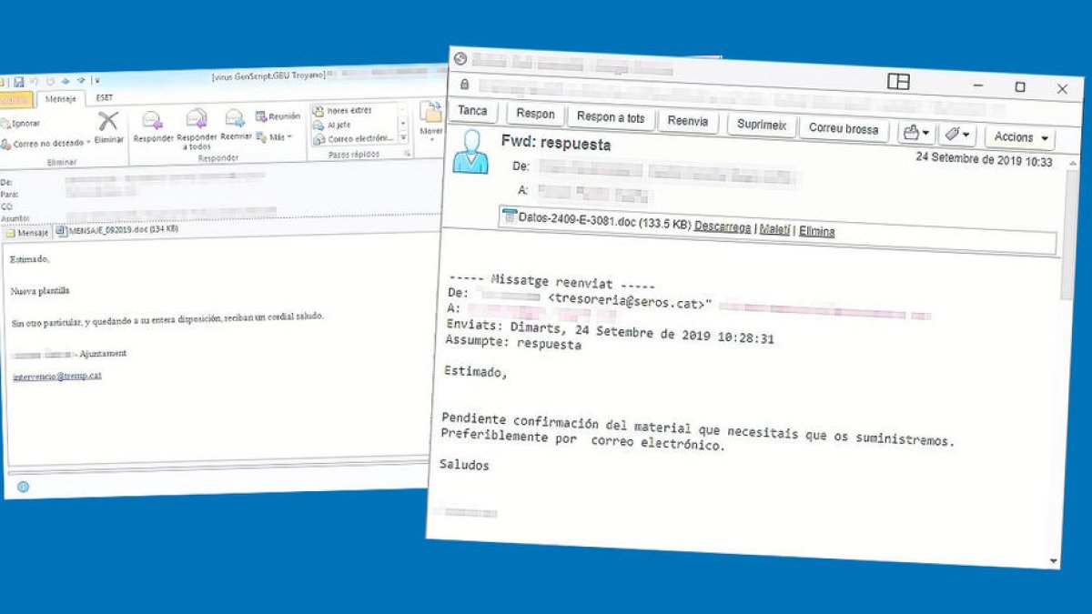 Dos ejemplos de los correos recibidos en los ayuntamientos.