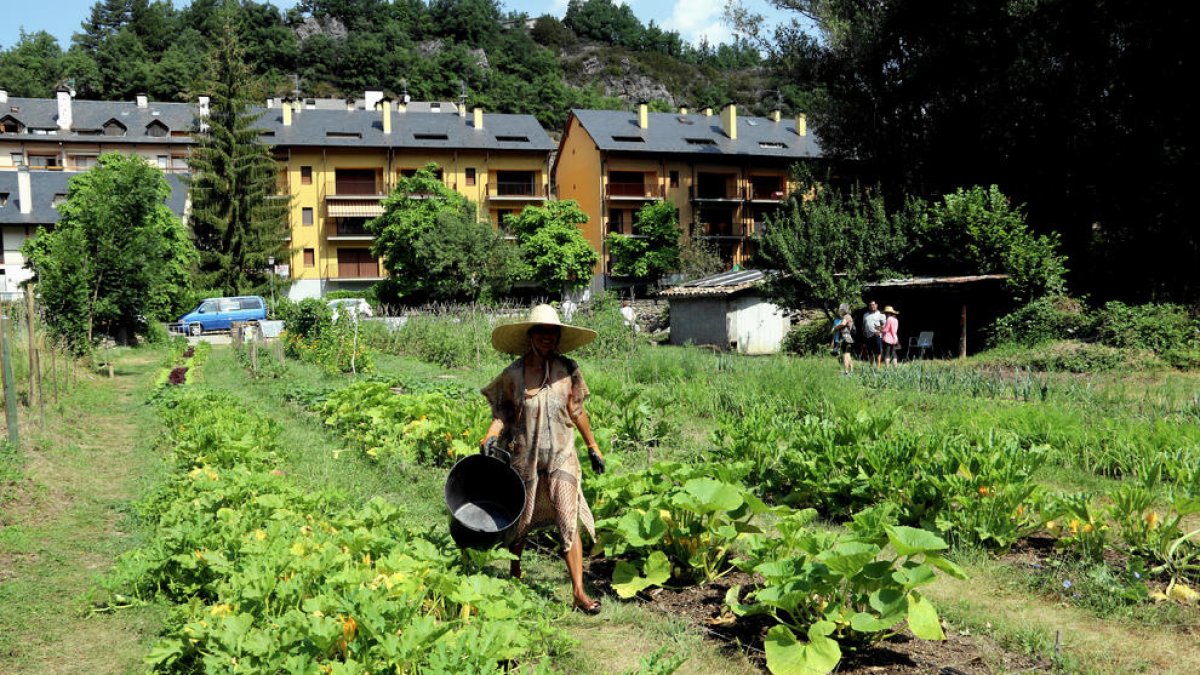 Una voluntària col·labora amb les tasques de neteja de l’hort comunitari de Senterada.