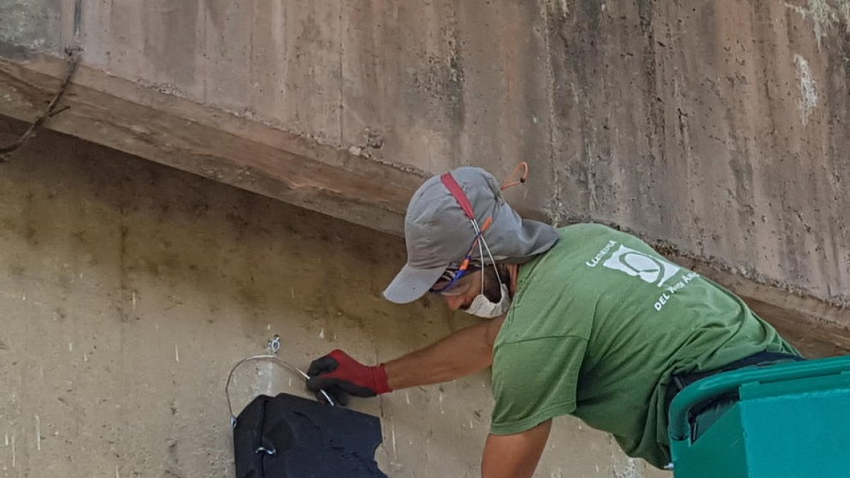 Un operario instalando una de las cajas en el Parc del Riu.