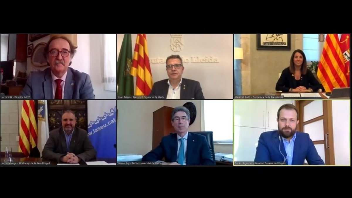 Representants de la Generalitat, Diputació, ajuntament, Inefc i UdL, ahir durant la firma del conveni que es va fer telemàticament.