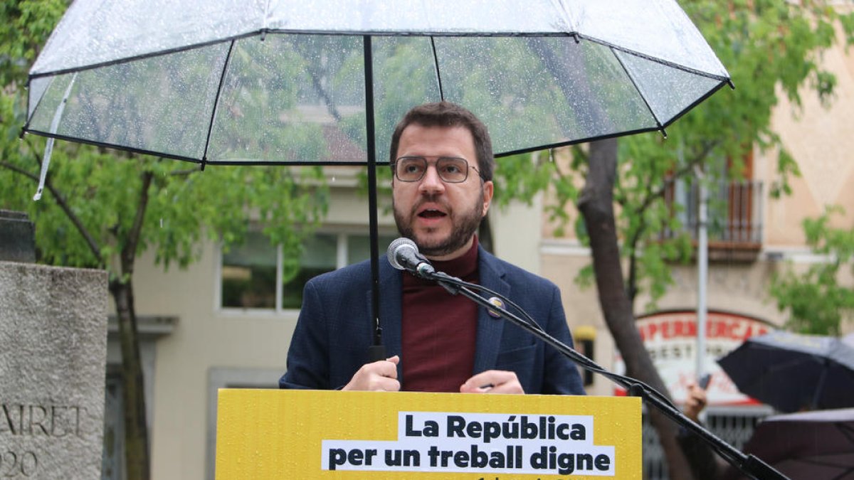 El candidat d’ERC a la presidència, Pere Aragonès, ahir durant una intervenció a Barcelona.