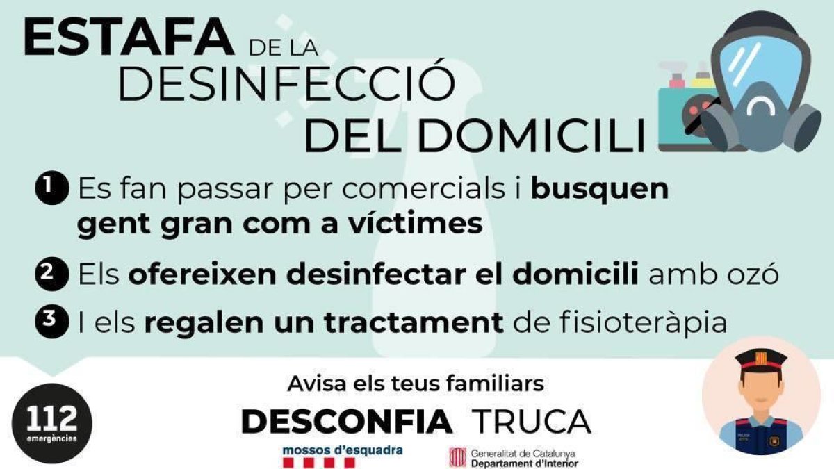La Policia Local d'un municipi de Lleida alerta d'una estafa a gent gran amb una suposada desinfecció del domicili
