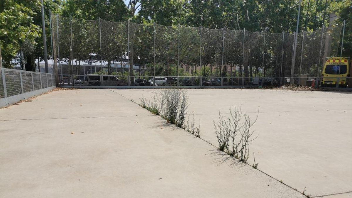 La pista anexa, abandonada - La pista exterior anexa al pabellón Onze de Setembre, inaugurada a finales de 2016 y en desuso desde hace año y medio por culpa de la pandemia, se encuentra en un estado de abandono, con abundantes grietas en el piso  ...