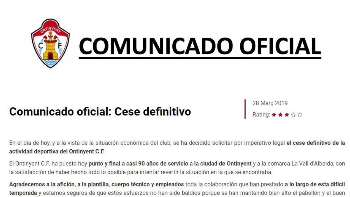 Imagen del comunicado que hizo ayer el Ontinyent