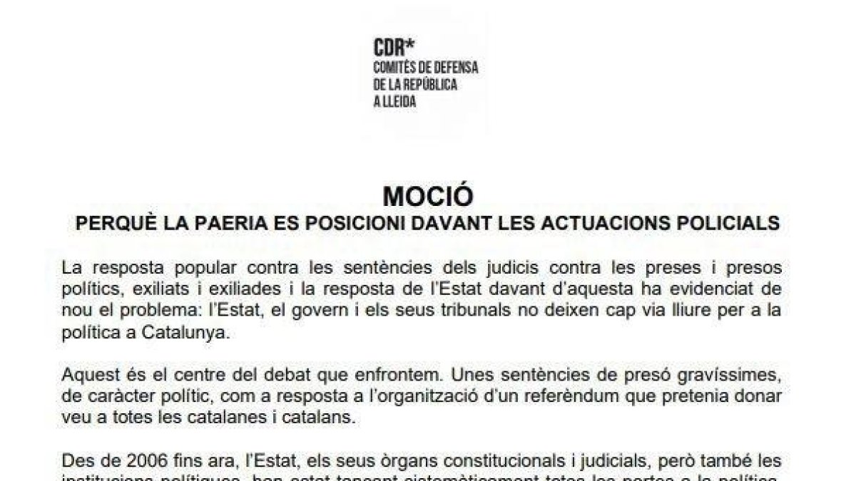 Moción del CDR de Lleida para que la Paeria se posicione ante las actuaciones policiales.