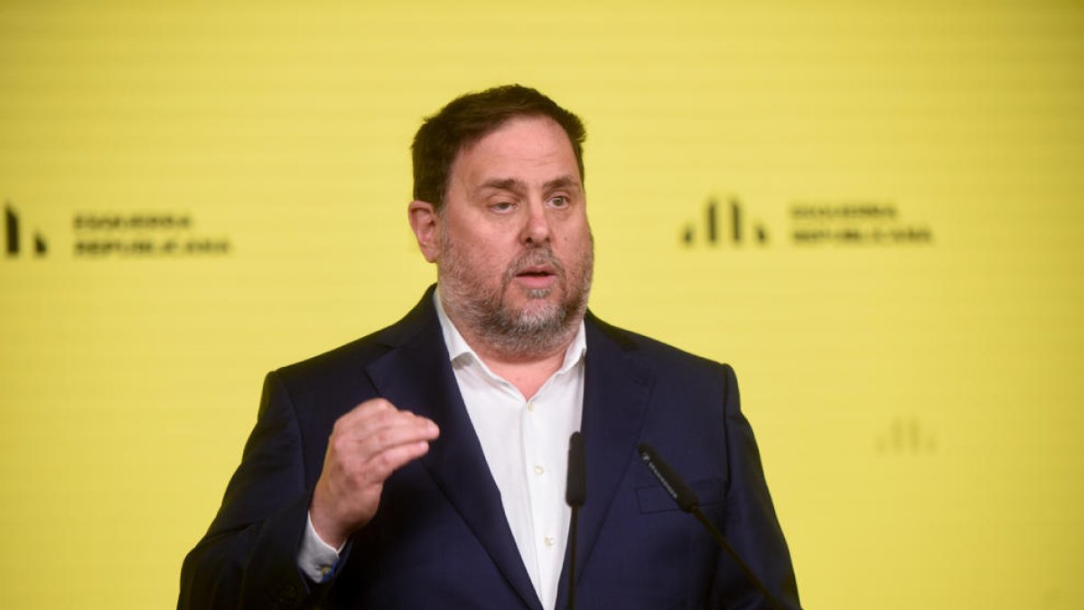 El líder d’Esquerra, Oriol Junqueras, durant la seua intervenció ahir al consell nacional del partit.