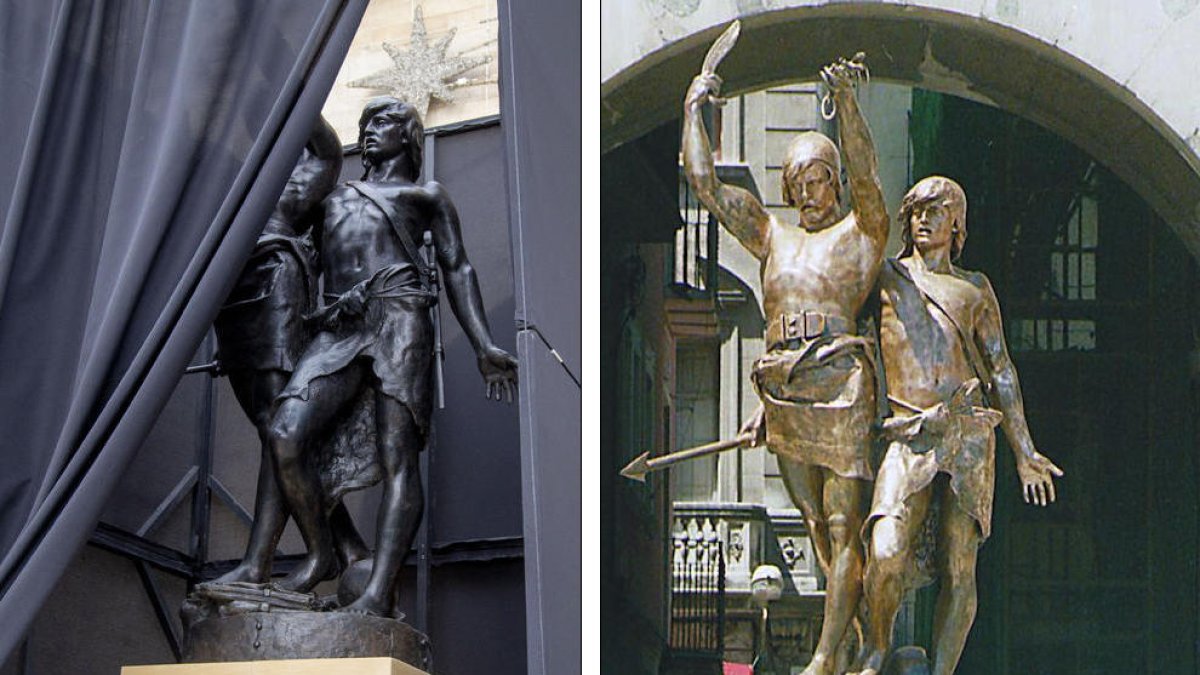 A la izquierda, la estatua restaurada. A la derecha, l'estatua con el color de bronce