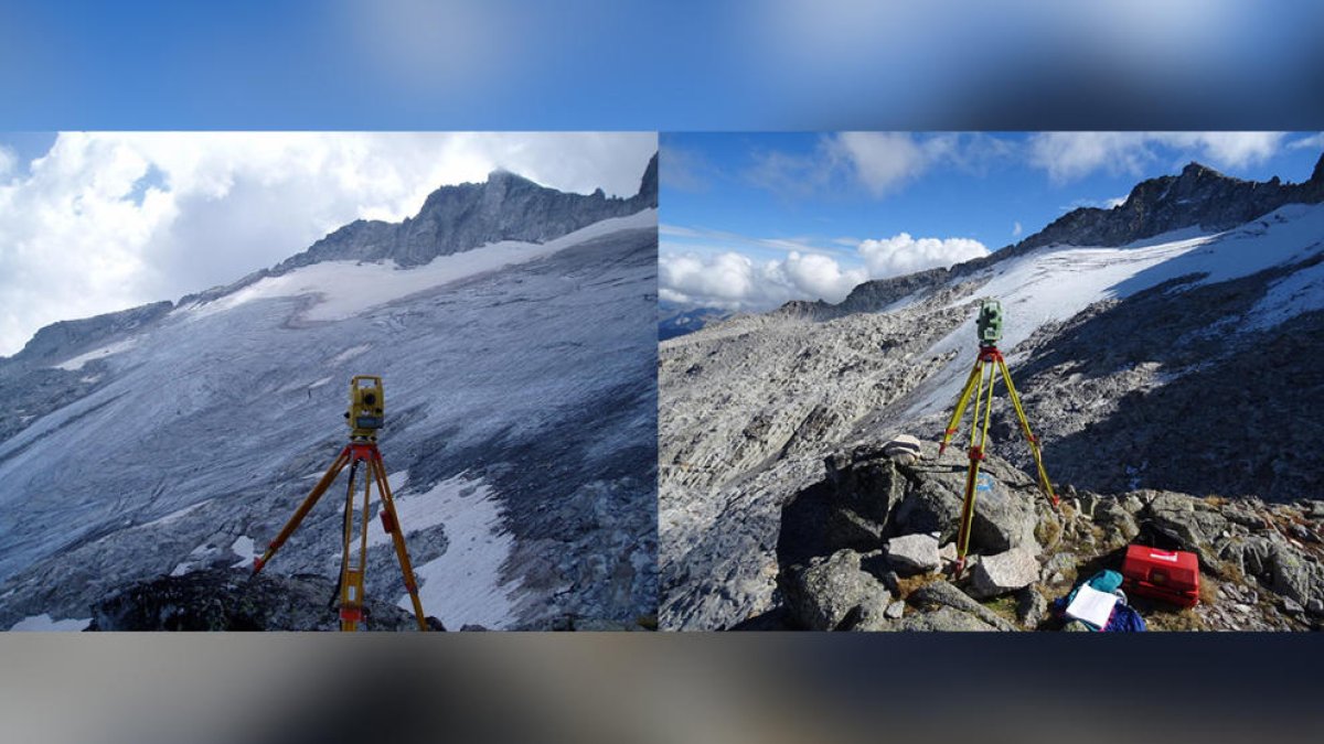 Els mesuraments de la glacera fa disset anys i estat de la glacera que demostra la pèrdua d'extensió.