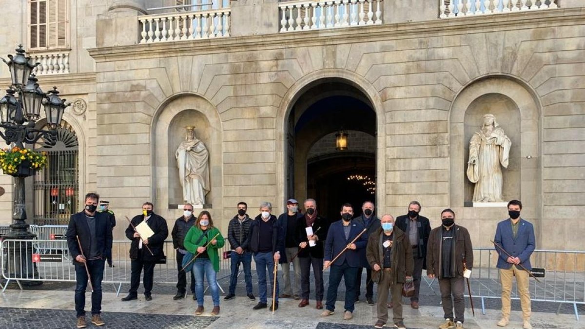 Catorze dels 15 alcaldes del Sobirà a la plaça Sant Jaume de Barcelona. El de Tírvia va arribar més tard.