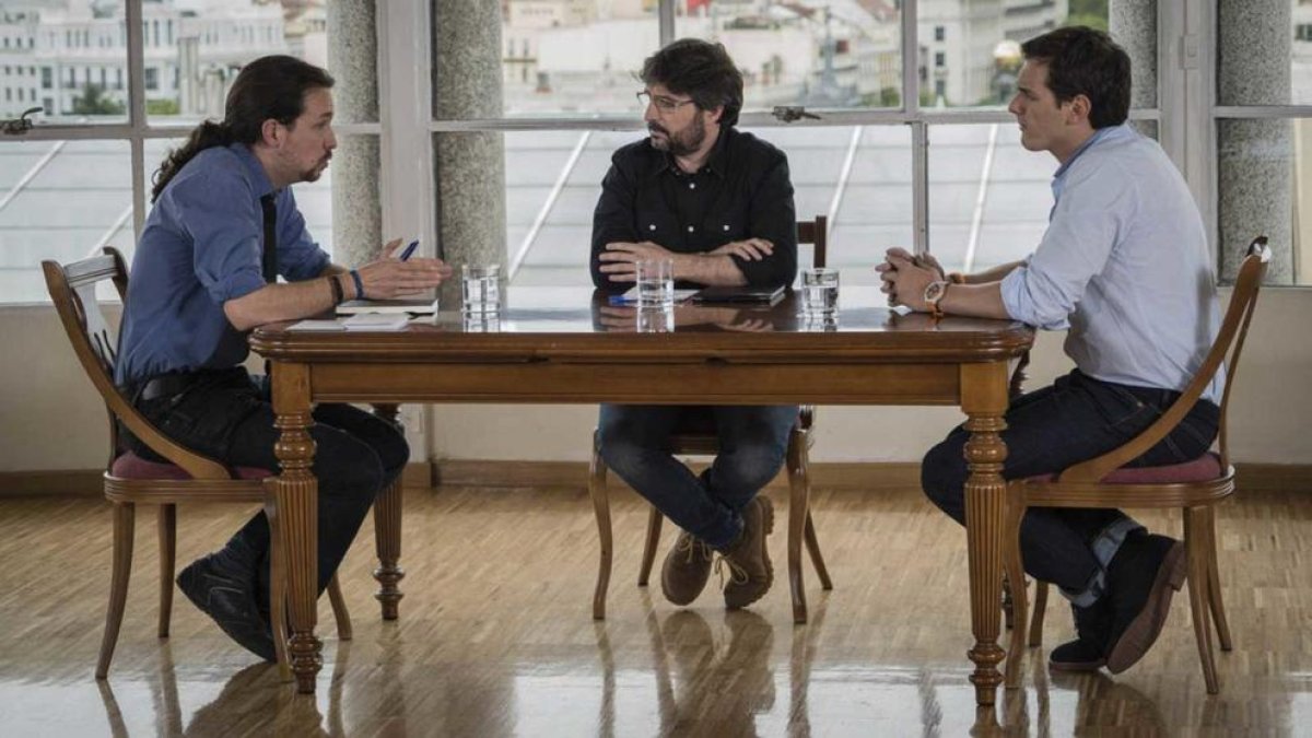 Iglesias (Podem) i Rivera (Ciutadans), amb Évole el 2016.