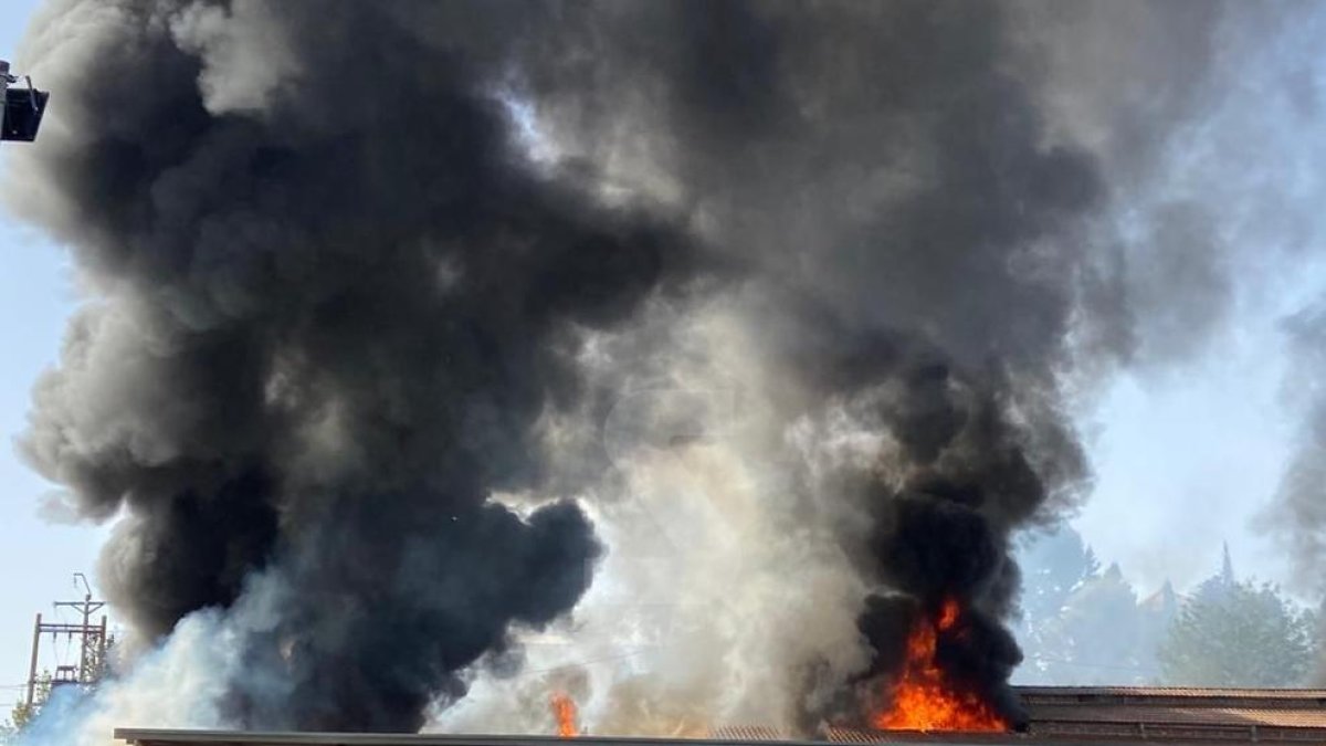 Un incendi al costat de l'N-II a Lleida afecta les instal·lacions d'una empresa