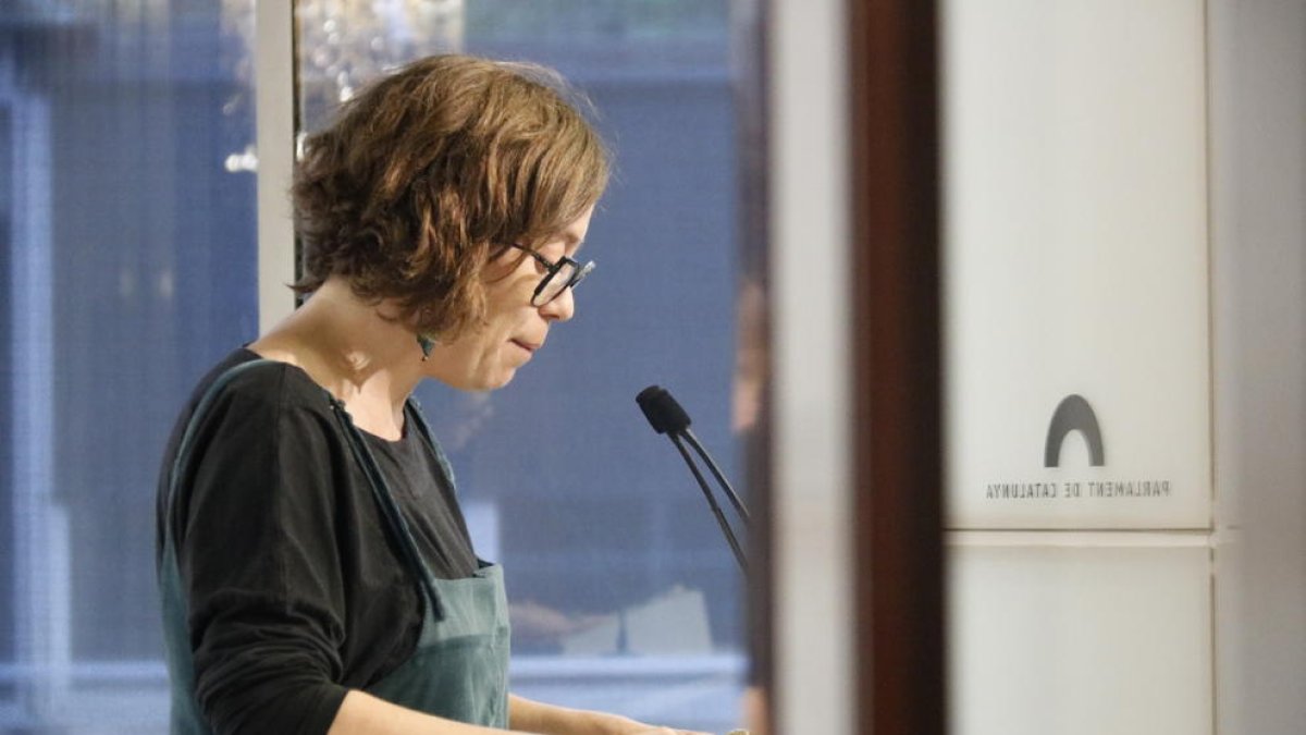 La portaveu de la CUP-NCG, Eulàlia Reguant, en roda de premsa al Parlament.