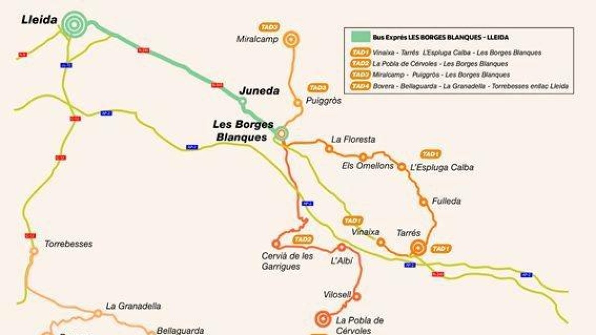 Mapa de las nuevas líneas de bus en Les Garrigues.