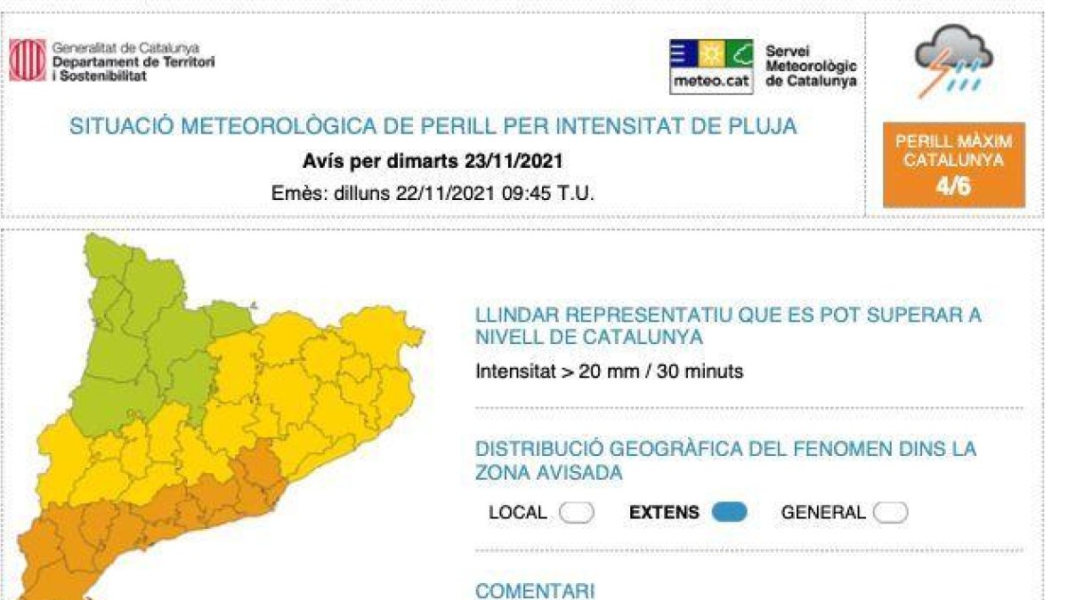 Avís del Meteocat per dimarts.