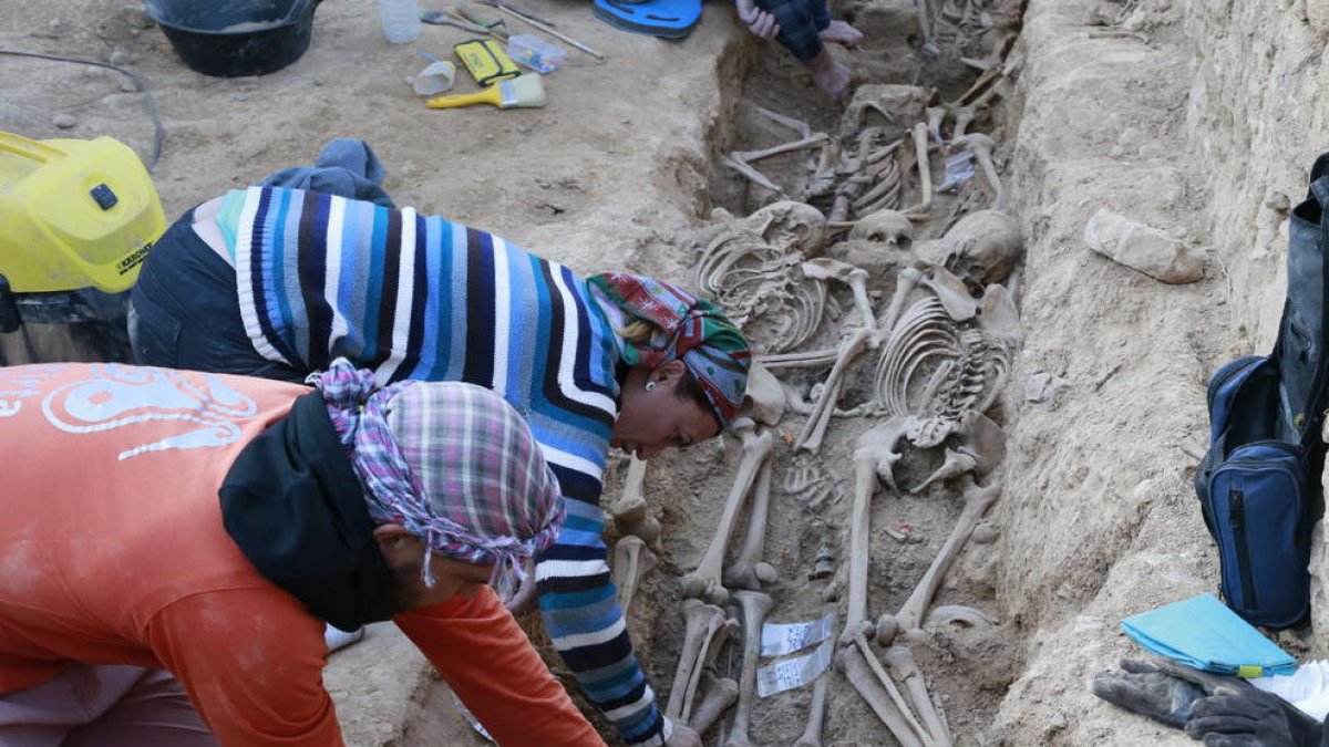 Arqueólogos durante los trabajos de exhumación de los restos hallados en la fosa de El Soleràs.