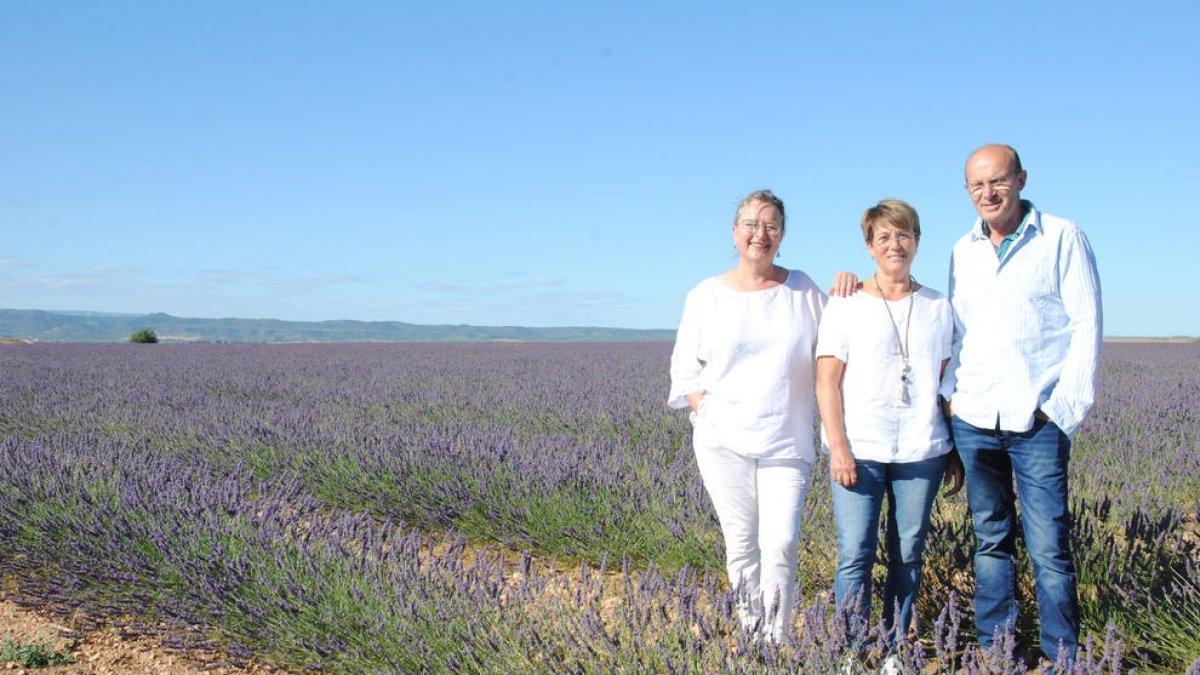 Isabel Blanch, Sumpta Orteu i Ramon Blanch, a la plantació de lavanda Tossal Blau.