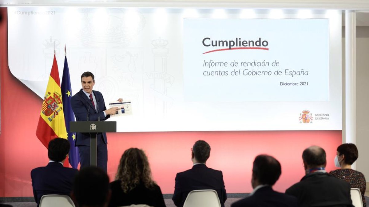 El presidente del Gobierno, Pedro Sánchez, ayer durante la presentación del informe de rendición de cuentas de 2021.