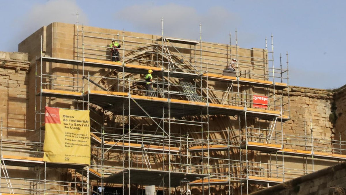 Los operarios comenzaron ayer a retirar el andamio que cubre la Porta dels Apòstols de la Seu Vella.