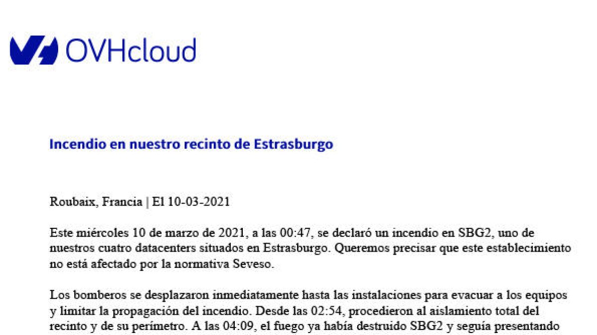 Un incendio en la mayor empresa de servidores de Europa deja sin servicio en la nube miles de empresas