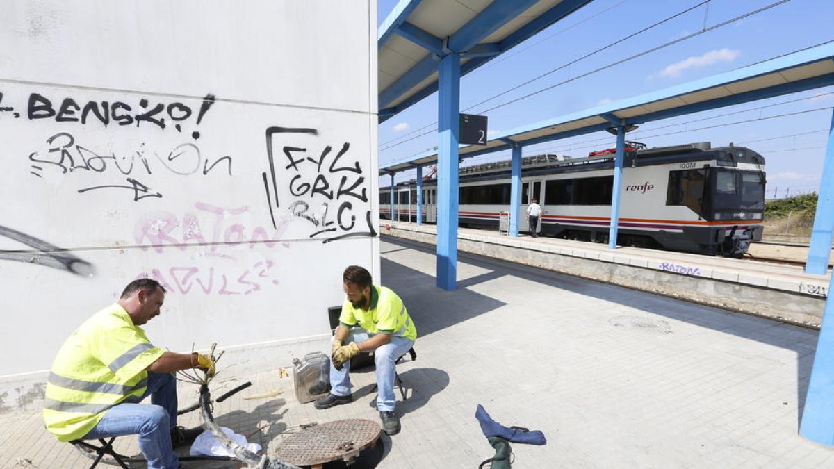Operarios de Adif en la estación de Puigverd de Lleida mientras el tren efectúa su parada.
