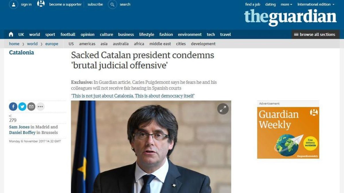 Puigdemont denuncia a 'The Guardian' la
