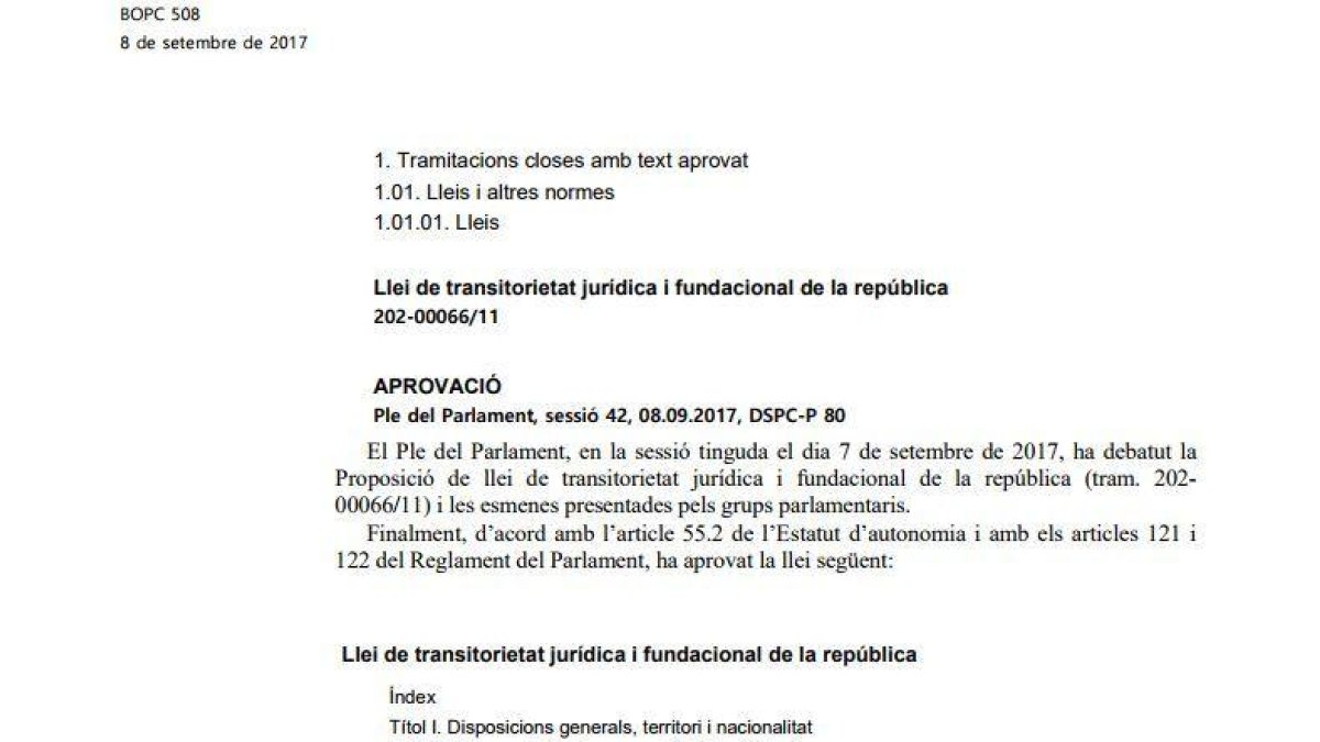 DOCUMENT. Llei de transitorietat jurídica i fundacional de la república