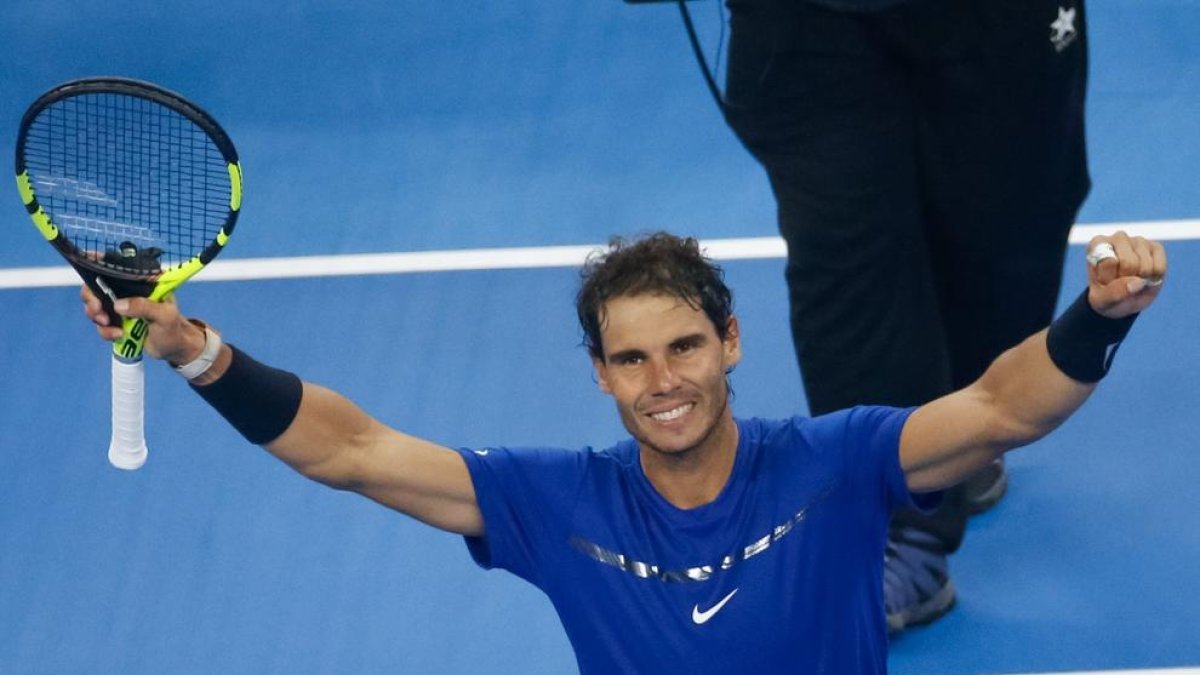 Nadal celebra el pas a la final al torneig de Pequín.