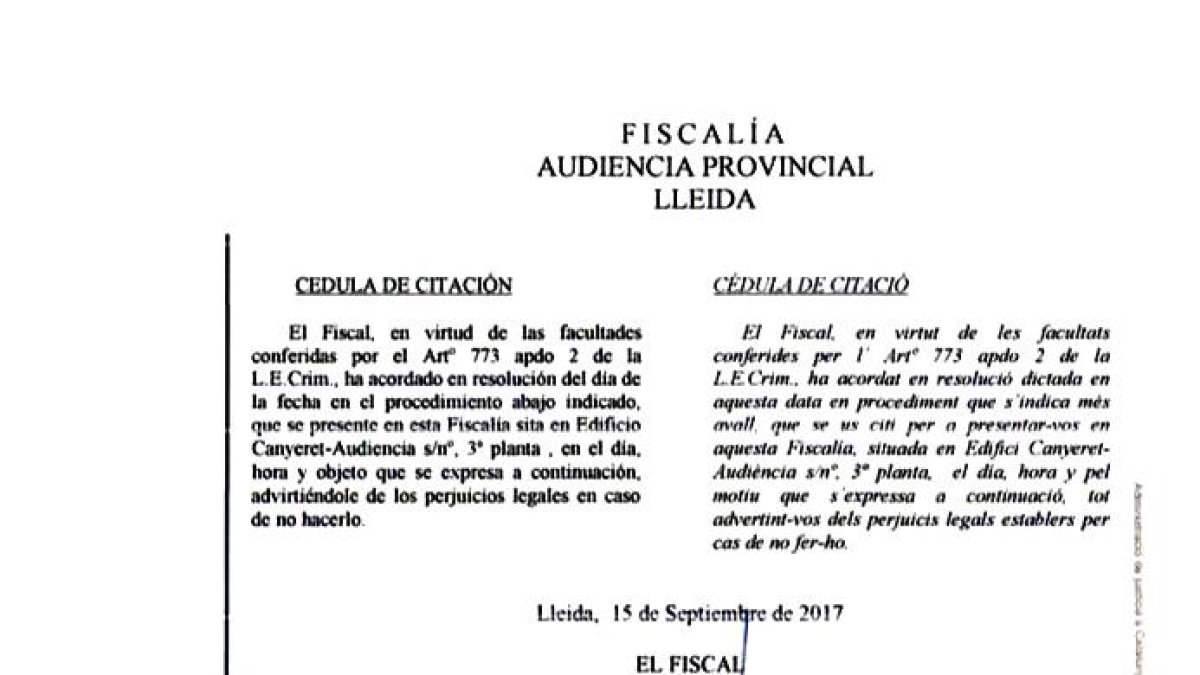 Una de las citaciones recibidas ayer en Lleida.