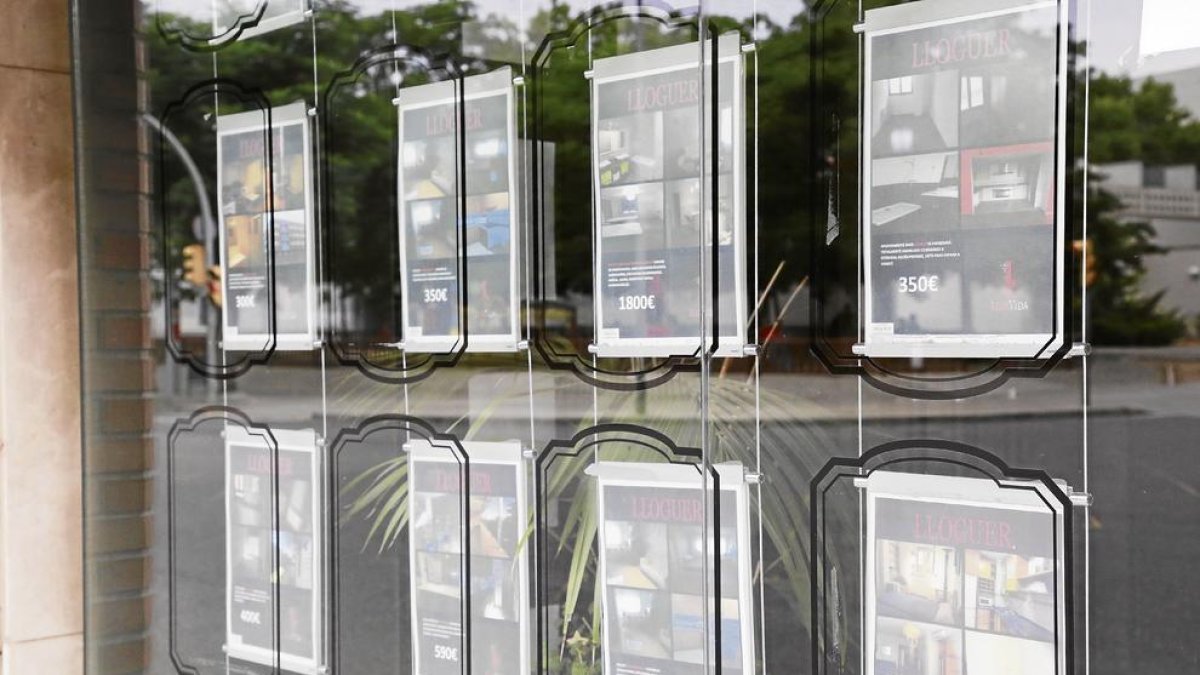 Carteles de pisos en alquiler en el escaparate de una inmobiliaria.