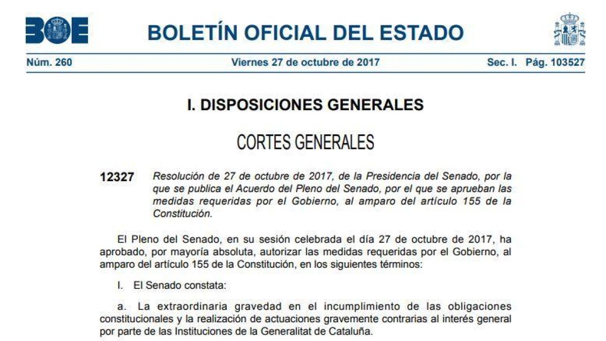 El BOE publica l'aval del Senat perquè el Govern apliqui el 155