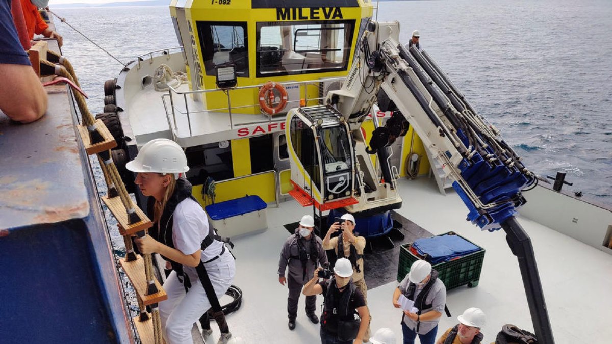 Els inspectors pugen al vaixell carregat de cereal.